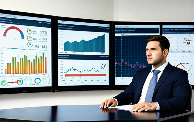 A professional financial analyst in a modest business suit, sitting at a desk in a modern, slightly subdued office. Behind them, a large screen displays complex financial charts showing volatility and economic uncertainty, subtly integrated with abstract, stylized visual cues hinting at environmental shifts, such as faded, geometric patterns resembling dry earth or subtle cloud forms, without depicting actual disaster. The analyst's expression is thoughtful and analytical, focused on the data. Perfect anatomy, correct proportions, natural pose, well-formed hands, proper finger count, natural body proportions, professional photography, high quality, safe for work, appropriate content, fully clothed, professional dress.