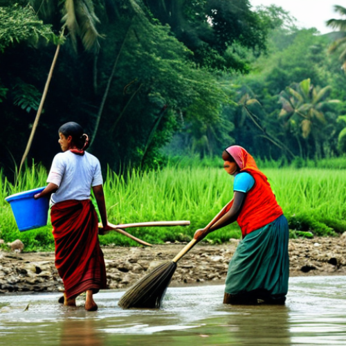 Home 14 **
"A community river cleanup project in a rural Bengali village. People are working together, removing trash from the riverbanks. Lush green vegetation in the background. Focus on community spirit and environmental awareness. Safe for work, appropriate content, fully clothed, professional, family-friendly, perfect anatomy, natural proportions, high quality."
**
