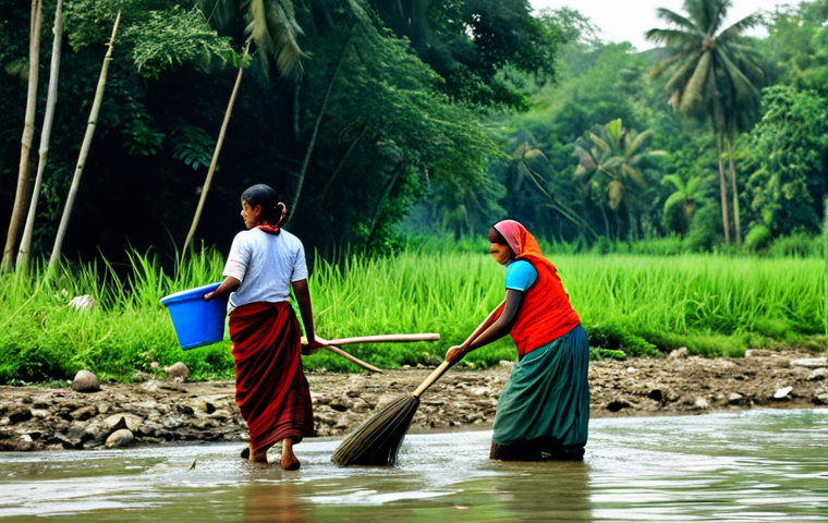**

"A community river cleanup project in a rural Bengali village. People are working together, removing trash from the riverbanks. Lush green vegetation in the background. Focus on community spirit and environmental awareness. Safe for work, appropriate content, fully clothed, professional, family-friendly, perfect anatomy, natural proportions, high quality."

**