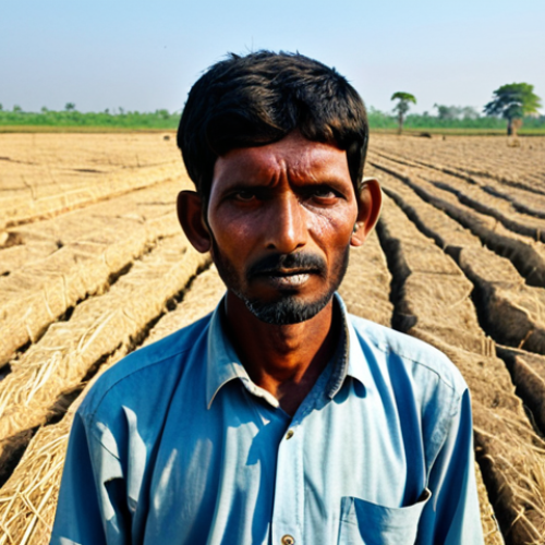 Home 7 Drought Impact**
"A Bangladeshi farmer stands in a cracked, dry rice field under a scorching sun, fully clothed in traditional farming attire, his face etched with worry, appropriate content, safe for work. Background: barren landscape, clear blue sky. Perfect anatomy, correct proportions, natural pose. Professional photography, high quality, modest depiction of hardship."
**