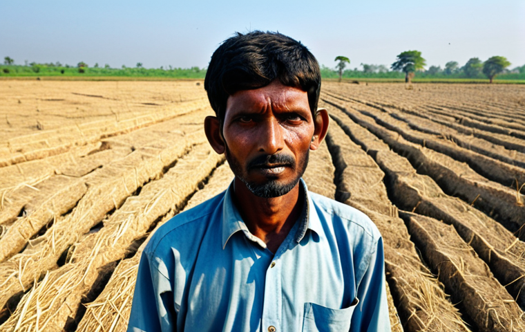 Drought Impact**

"A Bangladeshi farmer stands in a cracked, dry rice field under a scorching sun, fully clothed in traditional farming attire, his face etched with worry, appropriate content, safe for work. Background: barren landscape, clear blue sky.  Perfect anatomy, correct proportions, natural pose. Professional photography, high quality, modest depiction of hardship."

**