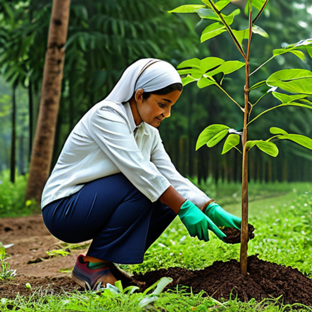 친환경 제품과 서비스 - A professional woman in modest attire, planting a tree sapling in a lush green forest. Fully clothed...