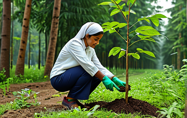 친환경 제품과 서비스 - A professional woman in modest attire, planting a tree sapling in a lush green forest. Fully clothed...