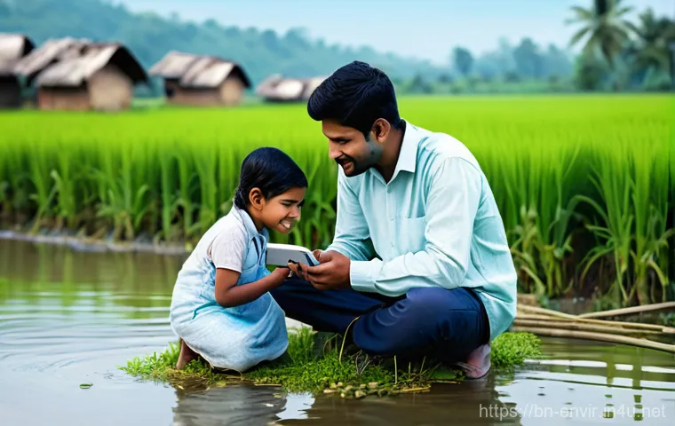 환경 모니터링 기술 - **Prompt 1: Rural Environmental Monitoring with Smart Sensors**
    A heartwarming scene in a pictur...