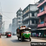 Home 20 대기 중 CO2 농도 변화 - A detailed urban cityscape in Bangladesh with dense traffic and factories emitting thick smoke under...