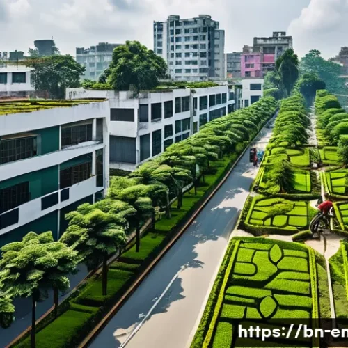 Home 30 지속 가능한 개발과 도시화 - A vibrant urban neighborhood in Bangladesh during daytime, showcasing a green city initiative with l...