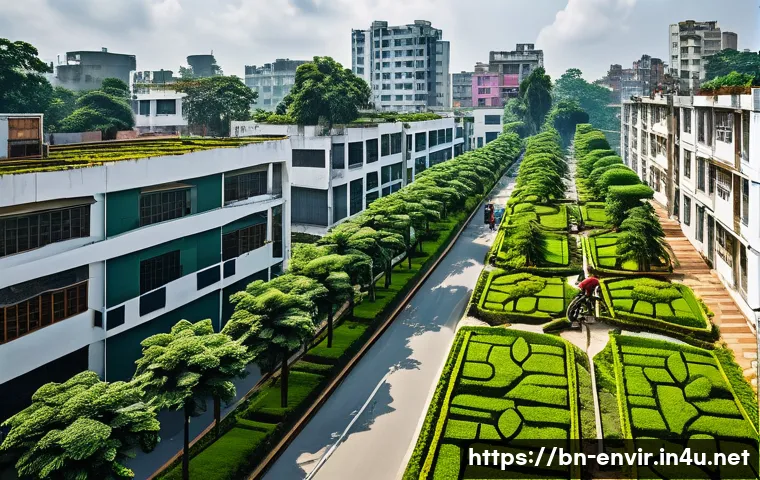 지속 가능한 개발과 도시화 - A vibrant urban neighborhood in Bangladesh during daytime, showcasing a green city initiative with l...