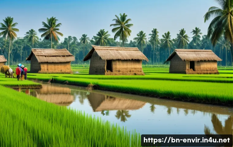 환경 경제학 - A detailed rural Bangladeshi farming scene showing local farmers wearing traditional clothing and wo...