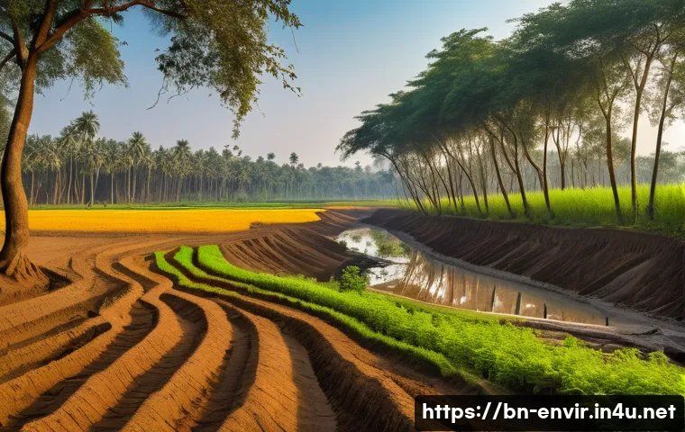 지구 환경 문제와 국제적 대응 - A vibrant, detailed landscape showing a rapidly shrinking forest in a rural Bengali village setting....