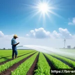 Home 23 물 부족 문제 해결 - A modern agricultural field equipped with smart irrigation technology, showing automated sprinklers ...