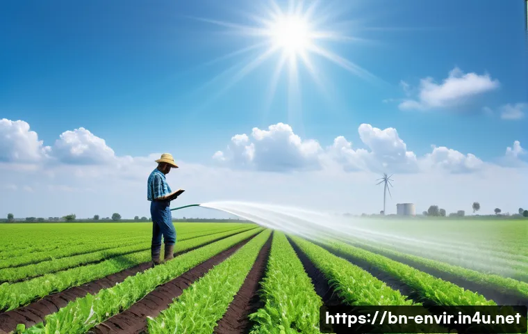 물 부족 문제 해결 - A modern agricultural field equipped with smart irrigation technology, showing automated sprinklers ...