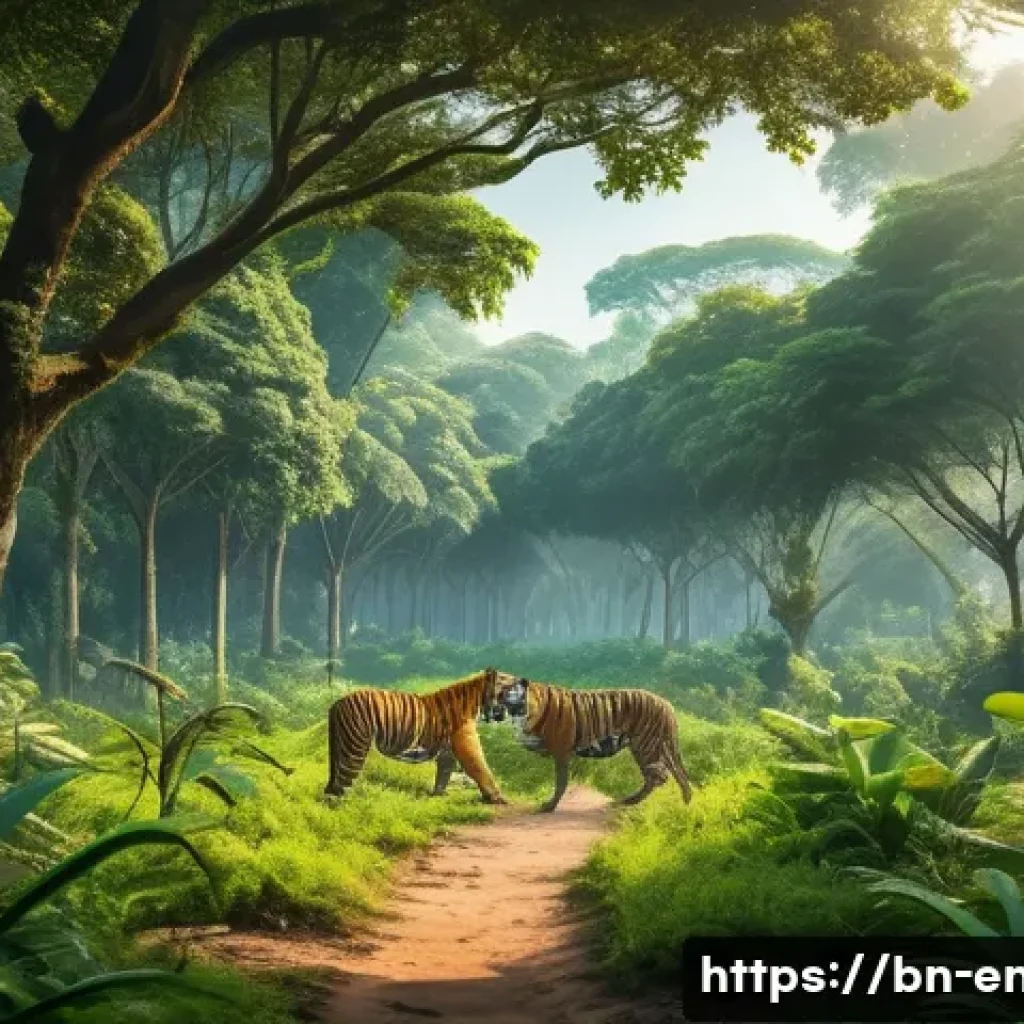 환경 법률의 발전 - A detailed scene of a lush Bengali forest under legal protection, featuring diverse wildlife such as...