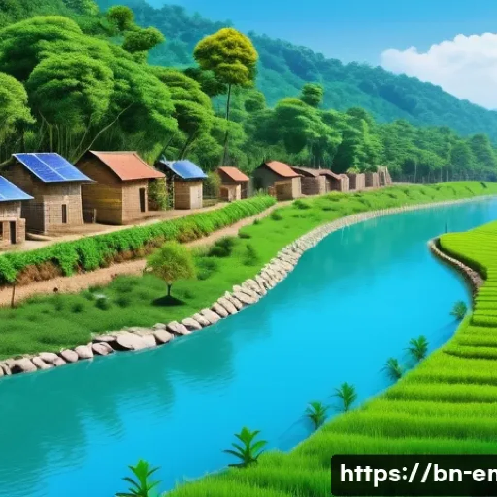 환경 지속 가능성 평가 - A detailed, vibrant landscape illustrating sustainable use of natural resources in a Bengali village...