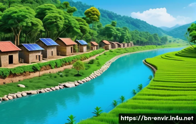 환경 지속 가능성 평가 - A detailed, vibrant landscape illustrating sustainable use of natural resources in a Bengali village...