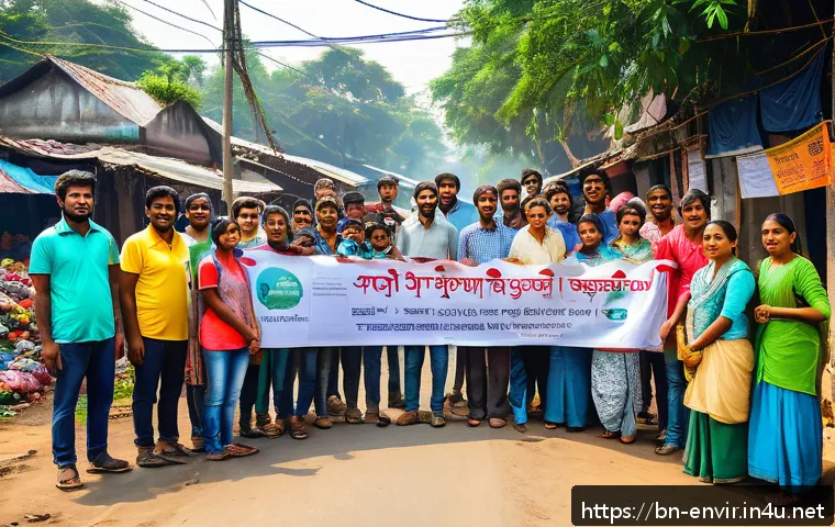플라스틱 오염 문제 해결 - A vibrant community cleanup event in a Bengali neighborhood, with diverse people wearing casual clot...