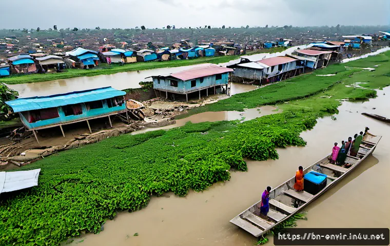 환경 피해와 경제적 비용 - Photorealistic aerial view of a flooded riverside neighborhood in Bangladesh after severe monsoon ra...