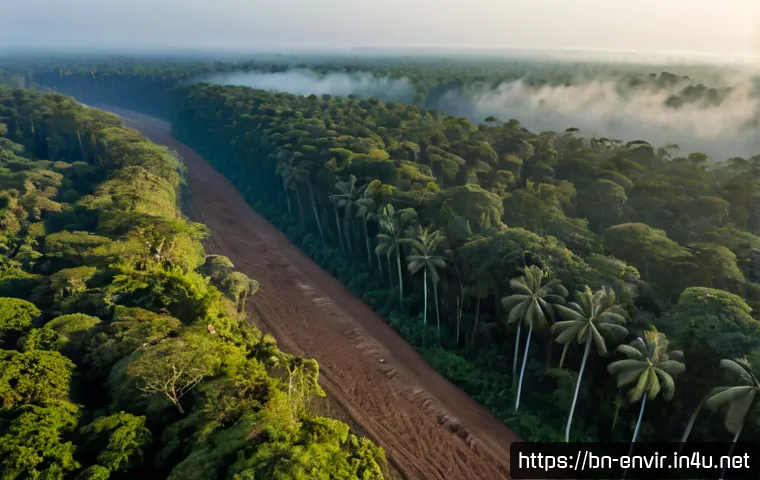 산림 파괴와 생물 다양성 - Photorealistic aerial view of a tropical forest abruptly cleared for farmland, a single unbroken str...