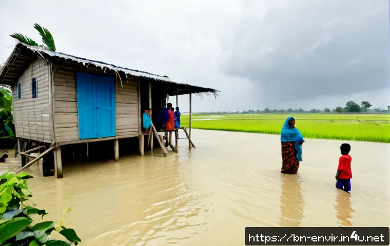 기후 변화와 사회적 영향 - Photorealistic coastal Bangladesh village during severe monsoon flooding, Bengali family wearing mod...