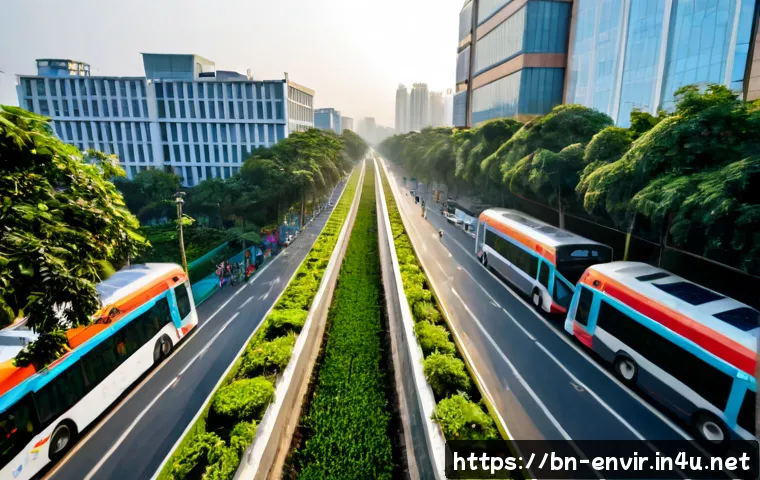 온실가스 배출 저감을 위한 혁신적 정책 - Photorealistic wide-angle view of a modern South Asian city implementing greenhouse gas reduction po...